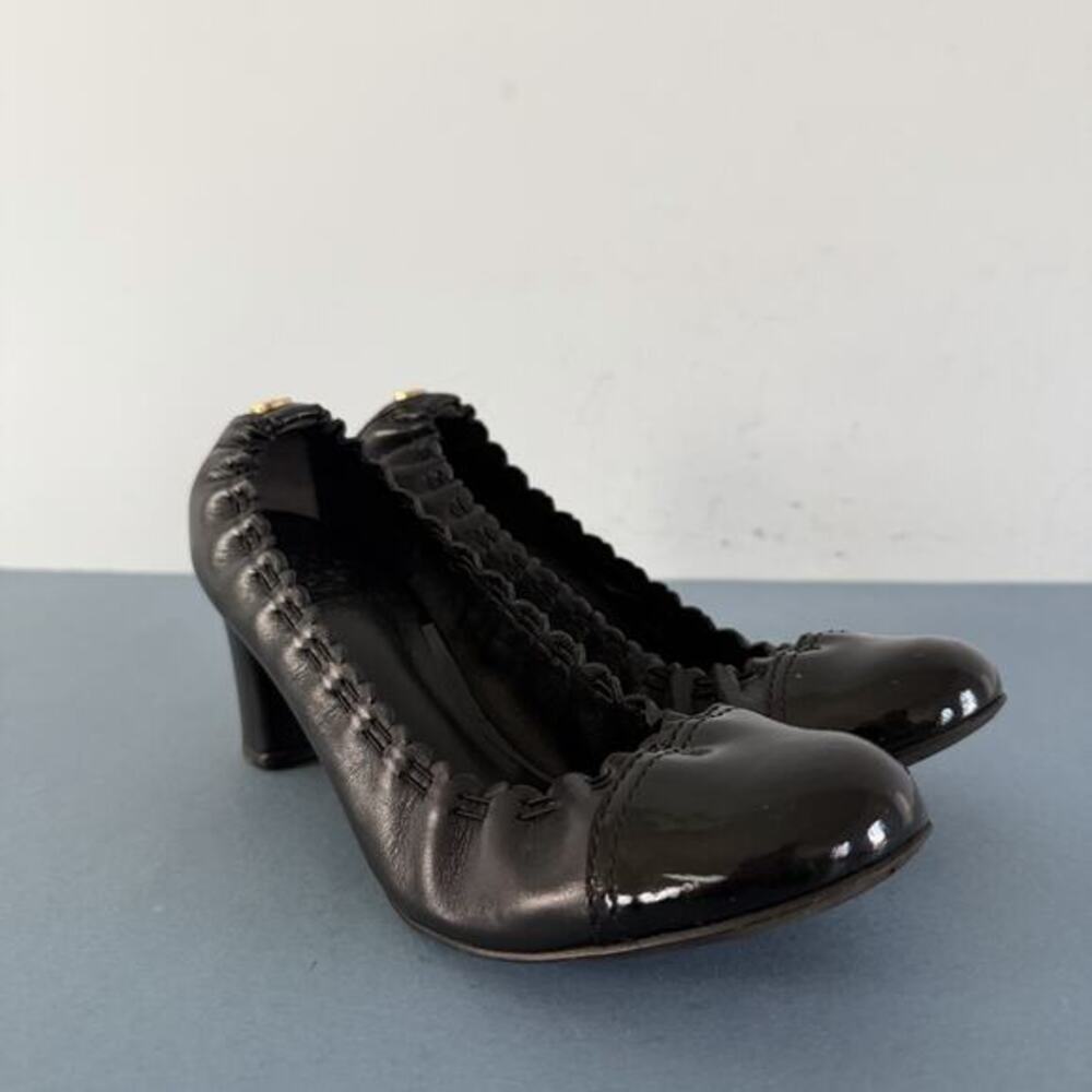 Tory Burch Abbey 2 Mid Heel Black Leather Cap Toe Block Heel Pumps‎